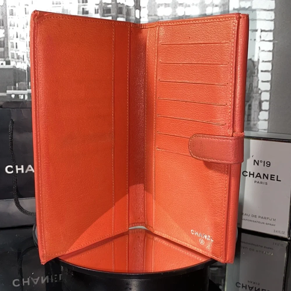 Vintage CHANEL Orange Leather Camellia Chain Wallet (2005)